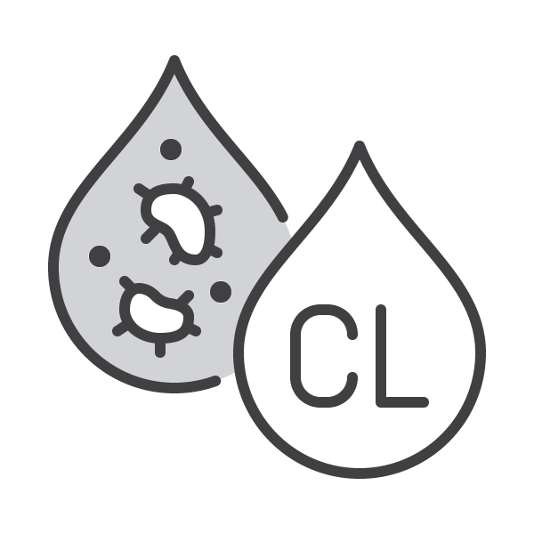 Two droplets: one labeled "CL," and the other showing bacteria, indicating the use of chlorine by a septic company to disinfect or purify water.