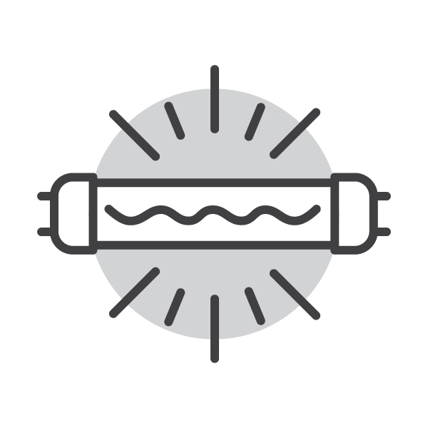 A circular diagram with a central horizontal wavy line, flanked by two rectangular shapes on either side, and radial lines extending from the circle's perimeter, represents UV lights.