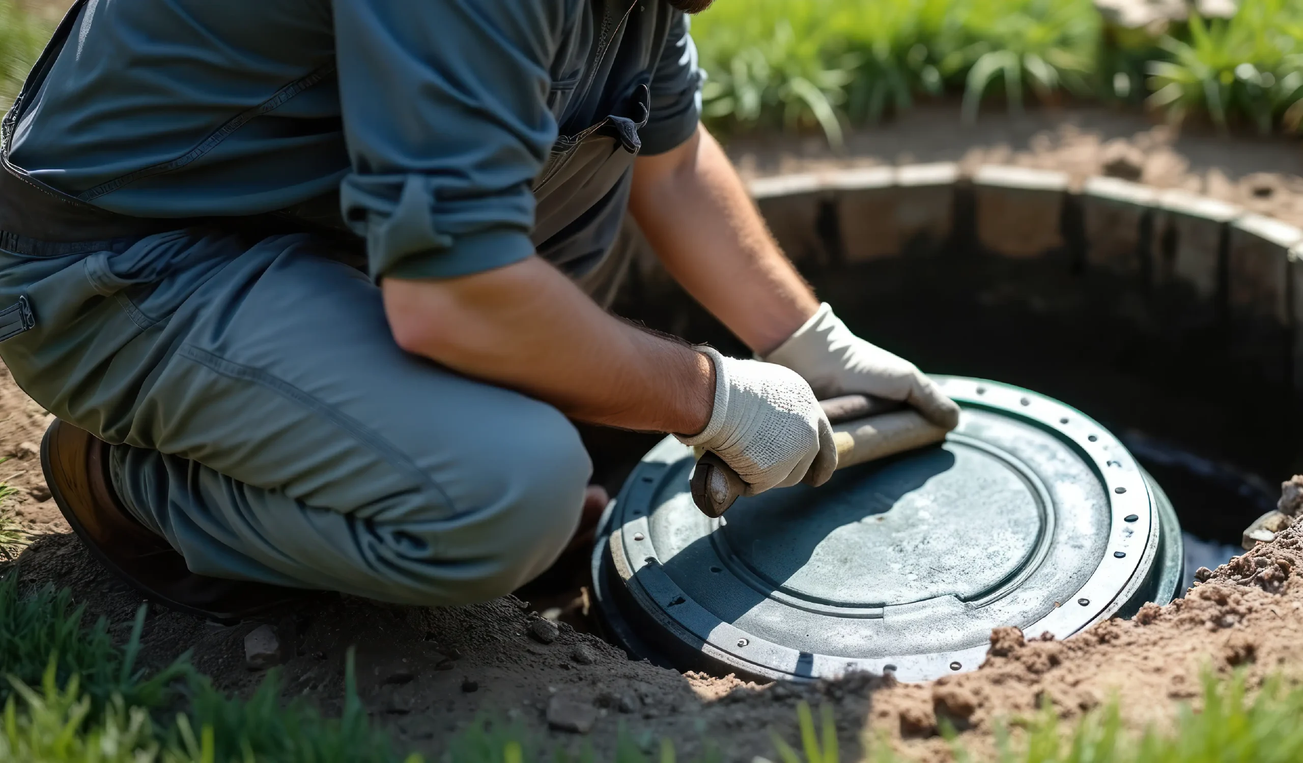 Man inspecting septic system, using a tool to open the tank.